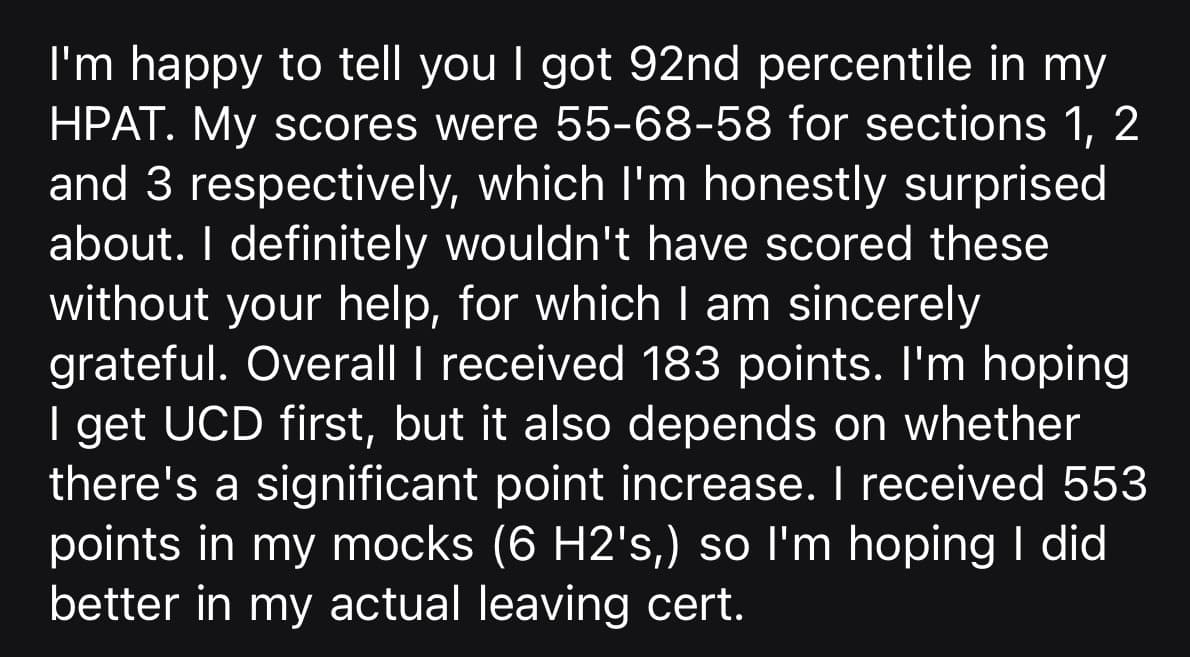 Student message about scoring 92nd percentile in the HPAT